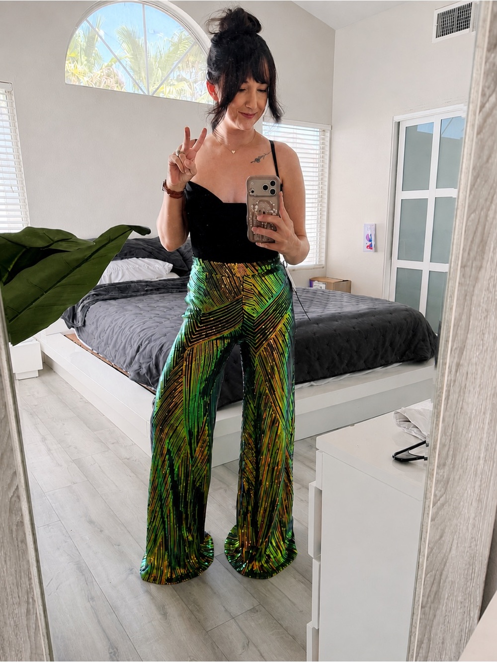Faeriesty Sequin Flare Pants M Green Gold Black Chevron Metallic NWT